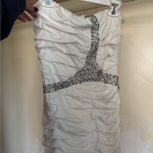 Elegant White Ruched Dress with Silver Embellishments